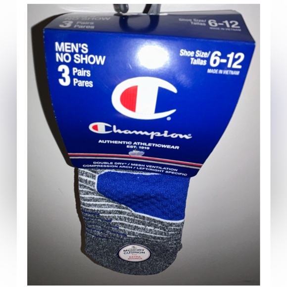 Champion No Show Socks 3 Pair Men's 6-12 White Black Yellow Blue w Logo NEW $18 - Picture 12 of 12